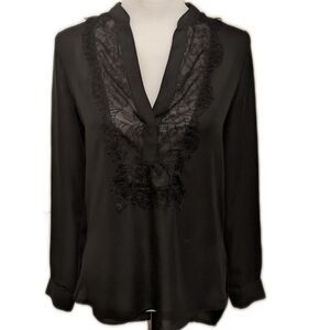 LC Lauren Conrad black polyester v-neck blouse, lace yoke, button down XS